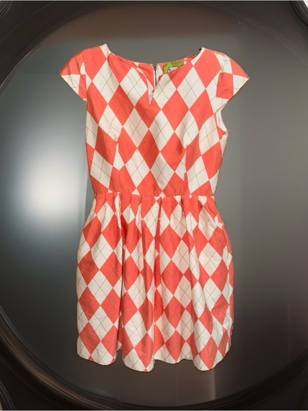 Elizabeth McKay Coral Pink & White Argyle Fit-and-Flare Wool/Silk Dress-6-EC